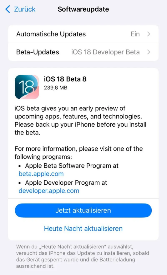 莲湖苹果手机维修分享苹果 iOS / iPadOS 18 开发者预览版 Beta 8 发布 